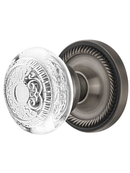 Rope Rosette Door Set with Egg and Dart Crystal-Glass Knobs in Antique Pewter.